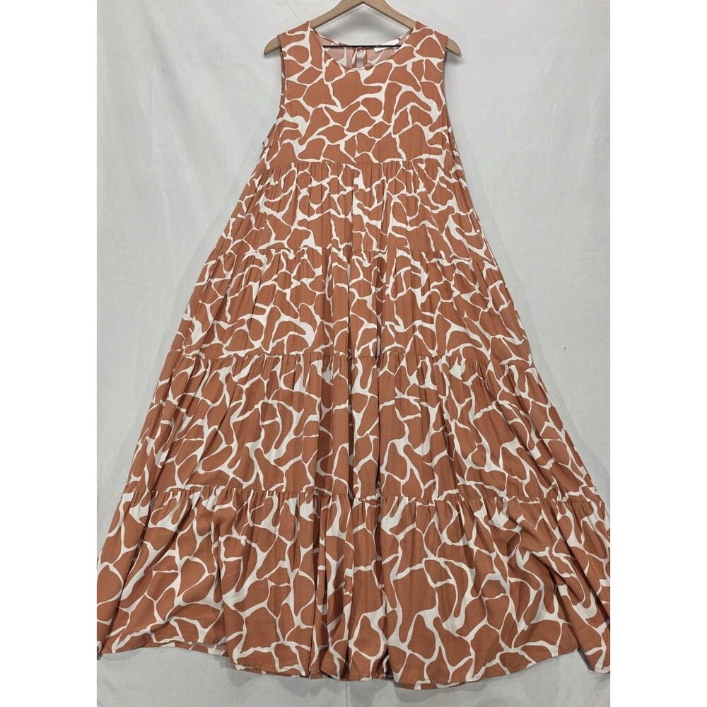 Ces Femme Tiered Maxi Dress L Sleeveless Animal Print Pockets Boho Cottagecore